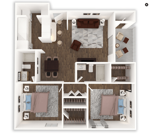 A top-down view of a house layout with a living room, kitchen, dining area, and bedrooms.